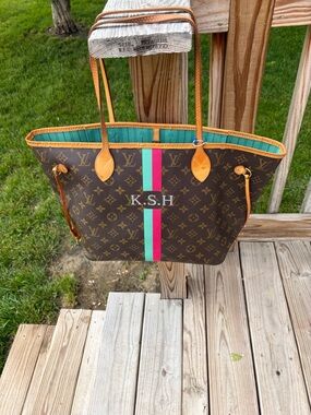 Louis Vuitton Brown limited Monogram Tote with Pink & Teal Center Stripe